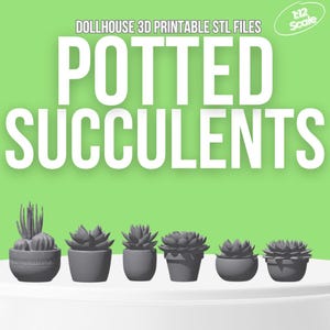 Könnte beinhalten: Sechs graue Topfpflanzen in einer Reihe, jede mit einer einzigartigen Form. Das Bild zeigt den Text "DOLLHOUSE 3D PRINTABLE STL FILES" und "POTTED SUCCULENTS" in Weiß. Ein kleiner Kreis zeigt "1:12 Scale". Geeignet für Puppenhäuser.