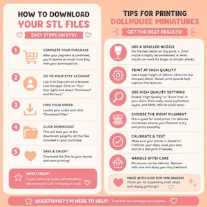 May include: An informational graphic with a light peach background featuring two columns. The left column outlines five steps to download STL files from Etsy. The right column provides six tips for 3D printing dollhouse miniatures with icons.