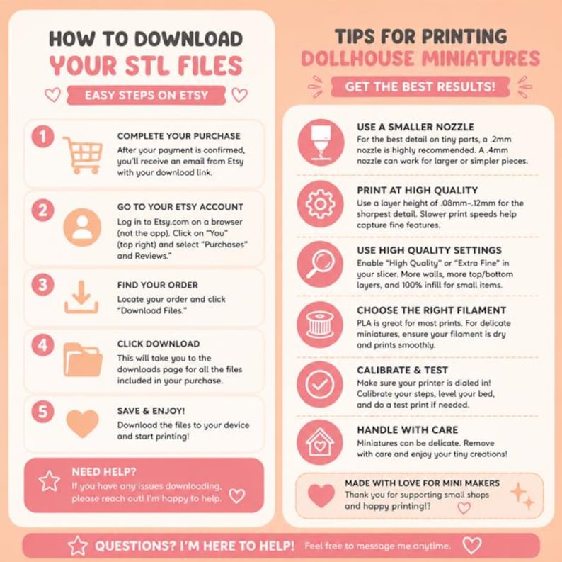 May include: An informational graphic with a light peach background featuring two columns. The left column outlines five steps to download STL files from Etsy. The right column provides six tips for 3D printing dollhouse miniatures with icons.
