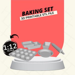Zestaw do pieczenia (forma do muffinów, forma do ciasta, forma do brownie, forma do keksów, forma do ciasta i wałek do ciasta) Domek dla lalek w skali 1:12 Pliki do druku 3D w formacie STL
