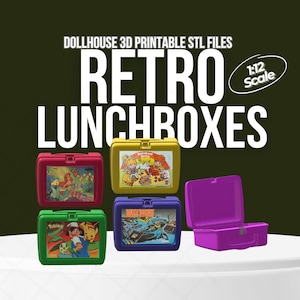 May include: A collection of colorful, miniature retro lunchboxes. The image features a variety of designs, including a red lunchbox with a mermaid graphic, a yellow lunchbox with a cartoon image, and a purple open lunchbox. Text reads "DOLLHOUSE 3D PRINTABLE STL FILES RETRO LUNCHBOXES".