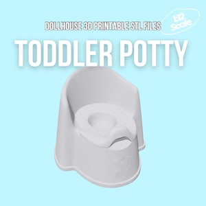 May include: A white toddler potty with a rounded seat and backrest. The text "DOLLHOUSE 3D PRINTABLE STL FILES" and "TODDLER POTTY" are displayed in white. The image also includes the text "1:12 Scale".