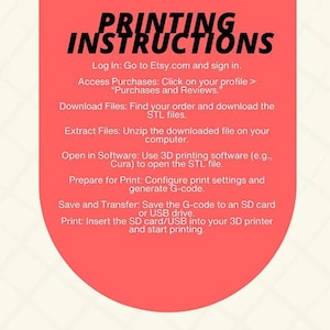 K&ouml;nnte beinhalten: Ein rotes und wei&szlig;es Grafikdesign mit Anweisungen zum 3D-Drucken. Der Text beschreibt das Herunterladen von Dateien von Etsy, das Entpacken, das &Ouml;ffnen in Software, das Konfigurieren der Druckeinstellungen und das Speichern auf einer SD-Karte.