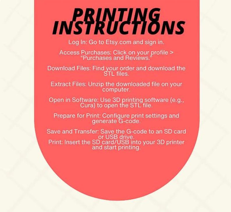 K&ouml;nnte beinhalten: Ein rotes und wei&szlig;es Grafikdesign mit Anweisungen zum 3D-Drucken. Der Text beschreibt das Herunterladen von Dateien von Etsy, das Entpacken, das &Ouml;ffnen in Software, das Konfigurieren der Druckeinstellungen und das Speichern auf einer SD-Karte.