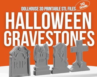May include: Four gray miniature gravestones with the text "RIP" and various designs, including a cross, a skull, and an angel. The image also includes the text "DOLLHOUSE 3D PRINTABLE STL FILES" and "HALLOWEEN GRAVESTONES". A small circle reads "1:12 Scale".