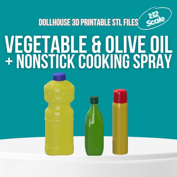 1:12 Scale Vegetable Oil, Olive Oil & Cooking Spray STL Set – Miniature Kitchen Bottles