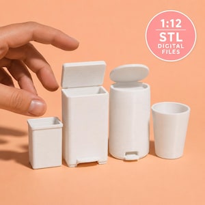 May include: A set of four white miniature waste bins in various shapes and sizes, including rectangular and cylindrical designs with lids and foot pedals. The image includes a circular graphic with the text 1:12 STL DIGITAL FILES.