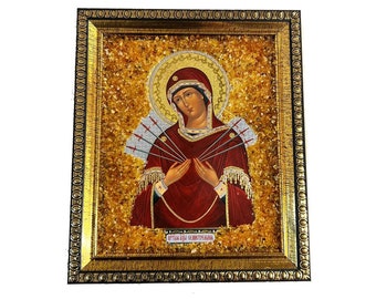 Handmade US Icon of the Mother of God Seven-shooter Baltic amber KIZIMA