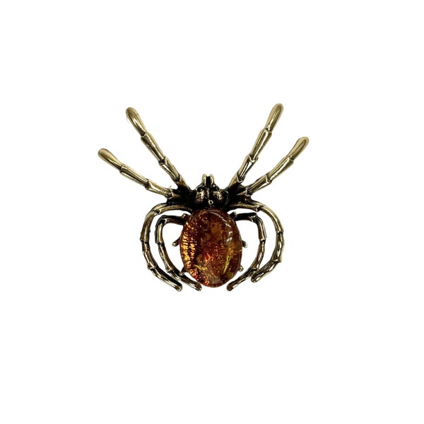 Handmade Amber Spider brooch Silver (Brown)