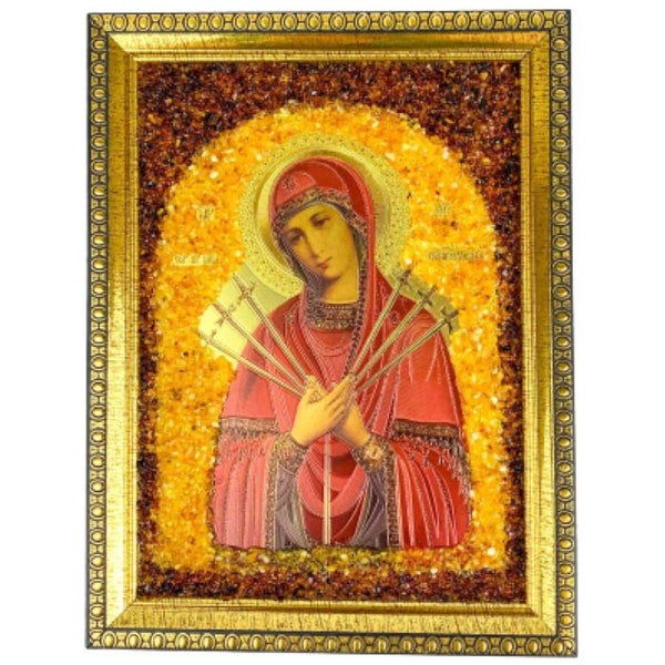 Handmade US Icon of the Seven Arrows Mother of God from Amber KIZIMA