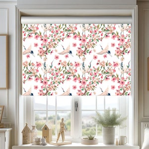 spring flowers and birds chinoiserie wallpaper made with watercolors , Roller Blind Printed, French Door Curtain, Light Filtering Curtains,