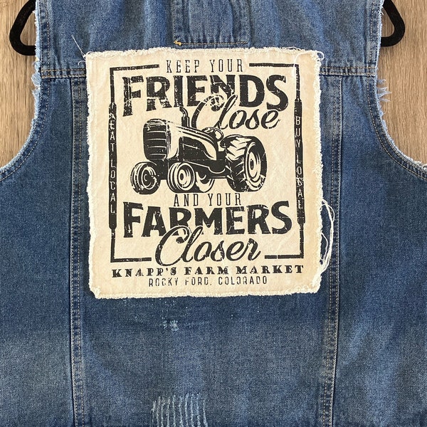 UPCYCLED Denim Distressed Ripped Frayed Vest with Stitched Canvas Patch on back - “Keep Your Friends Close and Your Farmers Closer”. Large.