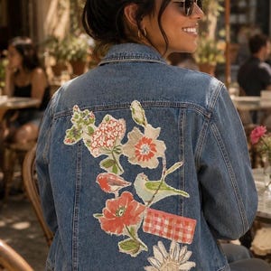 May include: A blue denim jacket featuring a back panel decorated with fabric floral and bird appliques, a small red and white checkered patch, and a bottom hem finished with a fringe of small pink beads. The jacket has a classic collar and buttons.