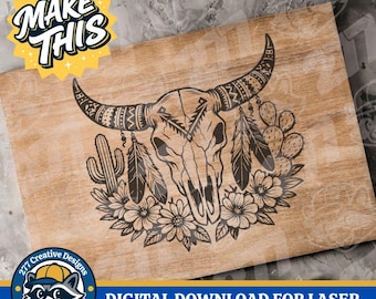 Laser Engraving File Southwestern Style Cow Skull in Desert PNG and SVG for Laser