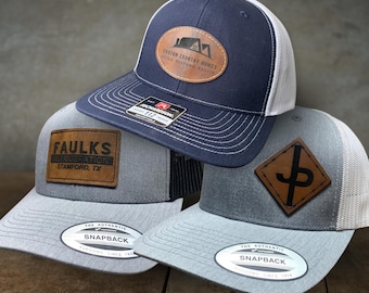 Custom Logo Business Hat: Engraved Faux Leather Patch Trucker Cap