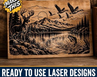 Weißwedelhirsch, Barsch und Gänse am See – Laserschnittdatei (PNG, SVG) für Laser und Sublimation (digitaler Download)