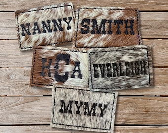 Western Font Style Monogrammed Iron On Cowhide Name Patch: Iron On or hook and loop Embroidered Leather Cow Hide Patch