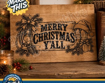 Feliz Navidad a todos. Diseño de tabla de cortar estilo western en formato SVG y PNG. Archivo de corte para láser, sublimación, impresión bajo demanda y archivos CNC (descarga digital).