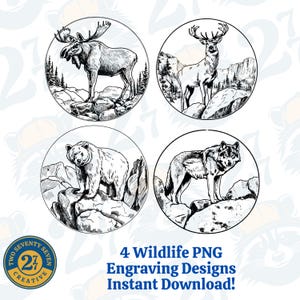 4 digitale bestanden met dieren in het wild voor lasergravure voor leisteen onderzetter PNG-bundel voor glowforge xtool graveerbestand eland hert wolf beren houten bord