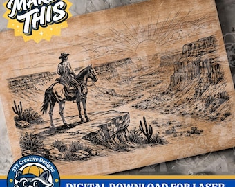 Arquivo SVG e PNG para corte a laser com gravura de um cowboy do oeste americano, ideal para sublimação ou impressão sob demanda (download digital).