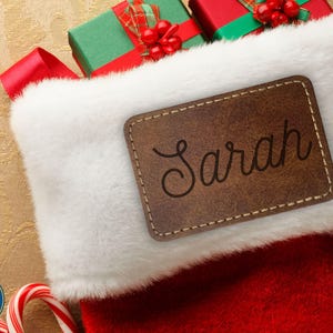 Custom Iron On Faux Leather Patch for Christmas Stocking Name Tag DIY