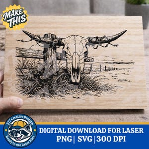Longhorn Cow Skull Laser Cut File: Barbed Wire Western PNG, SVG for laser, sublimation, and more (Digital File)