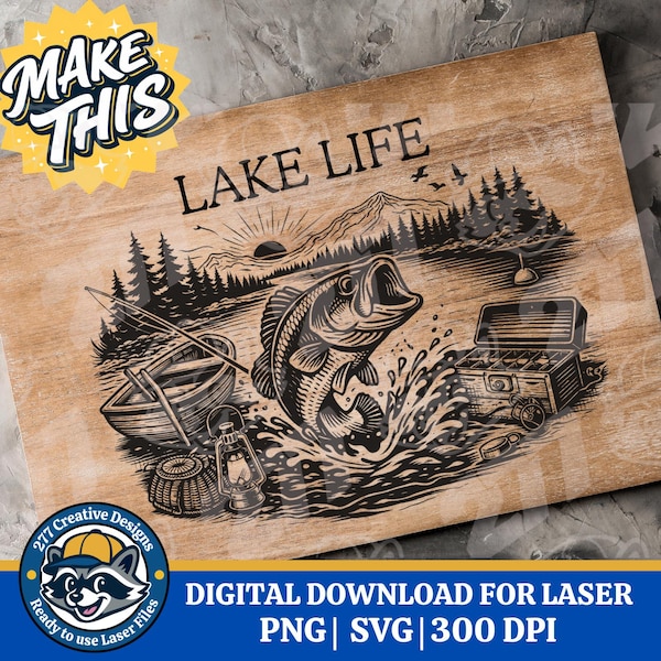 Lake Life Themed diy Laser Engraving Design DIY Bass Fish Lake Laser PNG SVG Cut file for laser, sublimation (digital download)