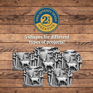May include: Five different shaped wood carvings of a deer in a forest setting. The carvings are all in a gray color and have a 3D effect. The text "Two Seventy Seven Creative" is in a circle above the carvings.