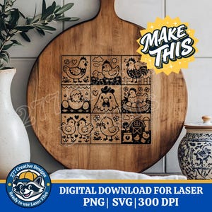 Könnte beinhalten: Ein hölzernes Schneidebrett mit einem lasergravierten Design von Hühnern in verschiedenen Posen. Das Design ist in neun Quadrate unterteilt, die jeweils eine andere Illustration zum Thema Huhn zeigen. Das Brett hat eine natürliche Holzmaserung und einen Griff.
