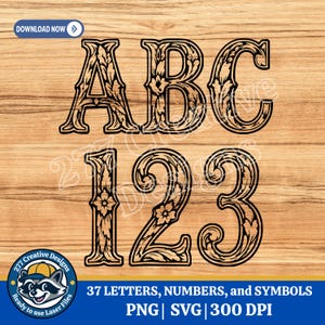 Könnte beinhalten: Eine digitale Grafikdatei mit den Buchstaben A, B, C und den Zahlen 1, 2, 3 in einer schwarzen, floral verzierten Schriftart. Der Text enthält 37 LETTERS, NUMBERS, and SYMBOLS, PNG, SVG, 300 DPI und einen DOWNLOAD NOW Button auf Holzoptik.