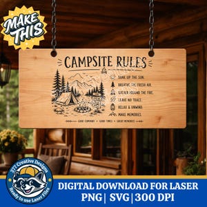May include: A rectangular wooden sign with the words "CAMPSITE RULES" in black lettering. The sign features a camping scene illustration with a tent, mountains, and trees. The sign is suspended by chains.