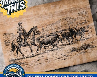 Arquivo para corte a laser com desenho de um cowboy do Velho Oeste conduzindo gado (SVG, PNG) para sublimação ou impressão sob demanda (download digital).
