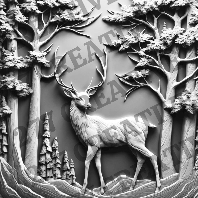May include: A black and white 3D relief sculpture of a deer standing in a forest. The deer is facing the right side of the image and has large antlers. The trees are carved in a realistic style and have a textured surface.