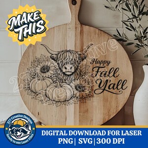 Höglandskon solrosor och pumpa glad höst, alla helgdagstema SVG PNG-klippfil för lasergraveringsdesign (digital nedladdning)