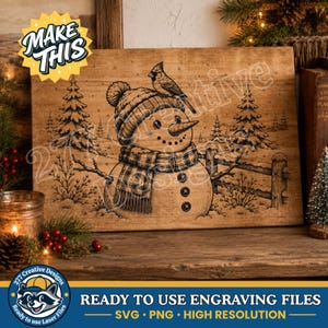 May include: A rectangular wooden board featuring a laser-engraved illustration of a snowman wearing a knit hat and a plaid scarf. A small bird sits on the snowman's head. The scene includes pine trees, a wooden fence, and snow-covered ground.