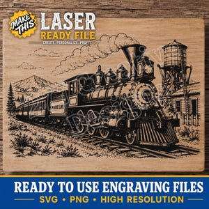 May include: A rectangular wooden board featuring a black laser-engraved illustration of a steam locomotive train labeled Prairie Line with the year 1876 on the front, set against a landscape with a water tower, mountains, and trees.