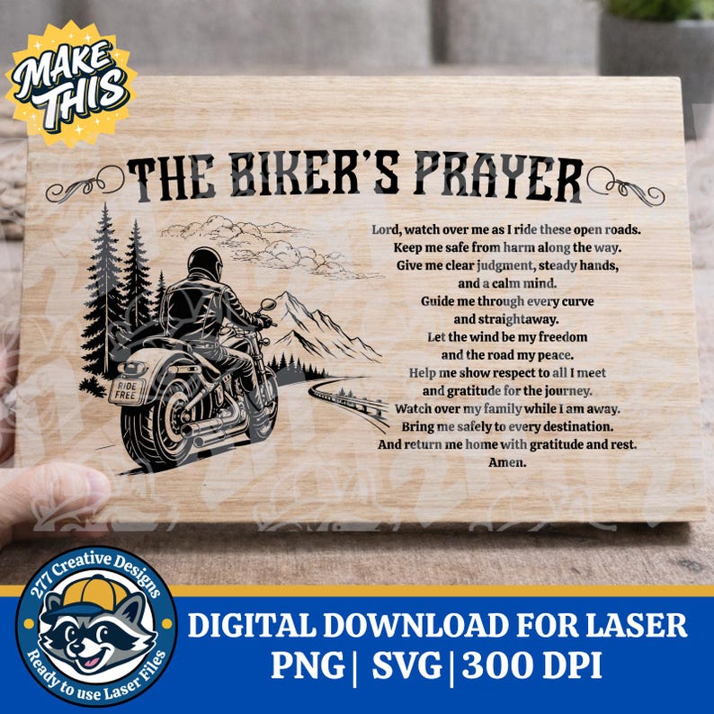May include: Wooden plaque with the text "The Biker's Prayer" and a motorcycle graphic. The design includes a biker on a motorcycle, trees, mountains, and a road. The plaque also features a prayer.