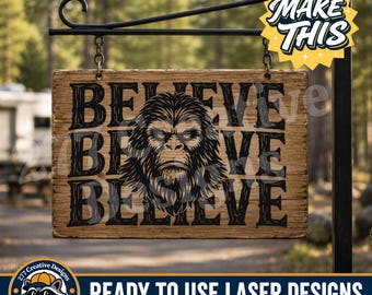 Archivo de diseño de grabado láser de Bigfoot Believe para tablas de cortar y artesanías de madera (archivo SVG PNG para láser)