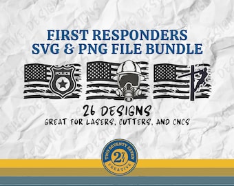 May include: A set of 26 digital designs featuring first responders, including a police officer, firefighter, and electrician. Each design includes an American flag with a distressed look. The designs are perfect for creating crafts, decals, and other projects.