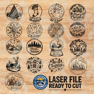 May include: A collection of circular black line art designs featuring Christmas themes like snowmen, reindeer, gingerbread men, and holiday text. The graphics include phrases such as Happy Holidays, Let It Snow, and Merry Christmas, intended for laser cutting.