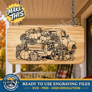 May include: A rectangular wooden sign featuring a black laser-engraved illustration of a vintage pickup truck filled with pumpkins, autumn leaves, and a lantern. The design includes a plaid blanket draped over the truck bed and hay bales.
