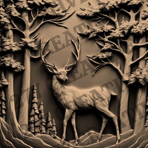 May include: A 3D carved wooden wall art piece depicting a deer standing in a forest setting. The deer is brown and has large antlers. The trees are carved in a realistic style and have a textured bark.