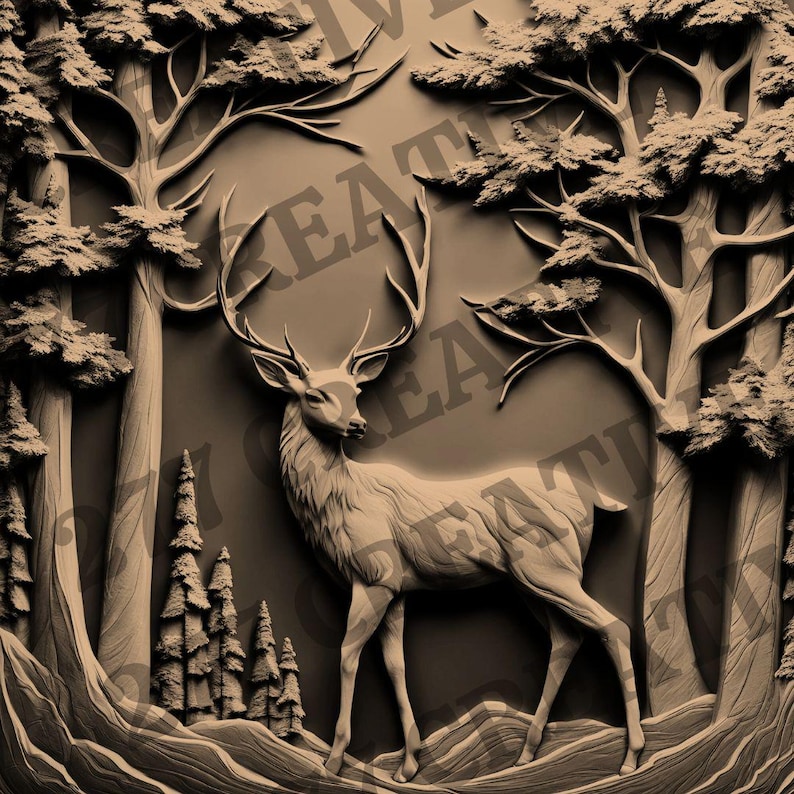 May include: A 3D carved wooden wall art piece depicting a deer standing in a forest setting. The deer is brown and has large antlers. The trees are carved in a realistic style and have a textured bark.