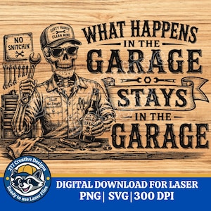 Könnte beinhalten: Digitales Design mit einem Skelett-Mechaniker, der Werkzeuge und eine Bierflasche hält. Der Text lautet: „Was in der Garage passiert, bleibt in der Garage.“ Enthält ein „No Snitchin'“-Schild und einen Hut mit der Aufschrift „Dirty Hands Clean Mind“.