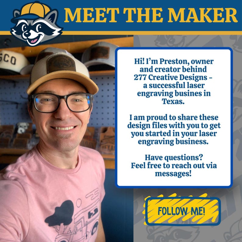 May include: Image featuring a smiling person wearing glasses and a pink shirt. Text reads "MEET THE MAKER" and "FOLLOW ME!". The text also mentions "277 Creative Designs" and laser engraving in Texas.