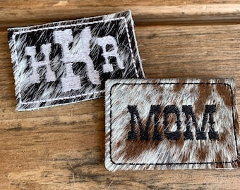 Custom Monogrammed Cowhide Name Patch: Iron On Embroidered Leather Cow Patch