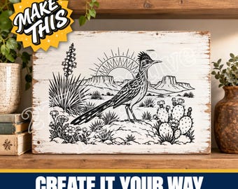 Roadrunner Desert Mesa Lasergravurdatei (SVG/PNG), Südwestlicher Kaktus-Yucca-Sonnenaufgang, Glowforge-Sublimation, Digitaler Download