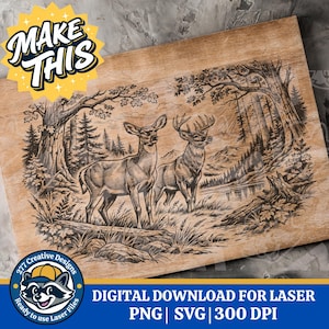May include: A wooden panel featuring a detailed laser-cut illustration of two deer in a forest scene. The artwork includes trees, a lake, and mountains. The image also contains the text "MAKE THIS" and "DIGITAL DOWNLOAD FOR LASER".