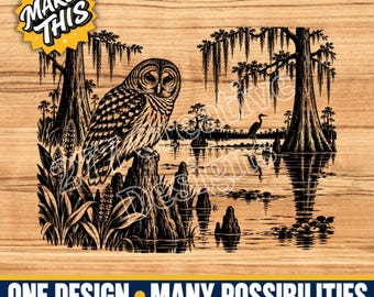Eule und Reiher im Sumpf – Lasergravurdatei (SVG/PNG), Wildtierszene aus dem Bayou, Laserschneiddatei, Sublimationsdruck, Digitaler Download