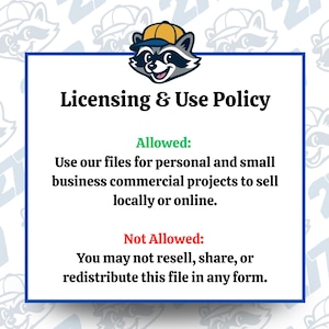May include: A blue-bordered graphic with a raccoon mascot wearing a cap. The text reads "Licensing & Use Policy." It details allowed uses for personal and small business projects, and what is not allowed: reselling, sharing, or redistributing the files.
